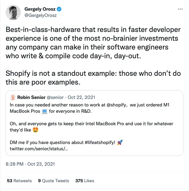 Tweet from Gergely Orosz on why Uber and Shopify replaced their developer Intel Macbooks with M1 ones ($2000+ each) Tweet from Gergely Orosz on why Uber and Shopify replaced their developer Intel Macbooks with M1 ones ($2000+ each)