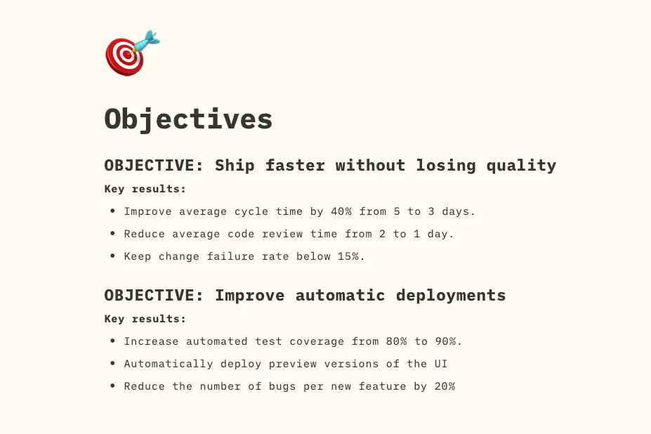 Example of two engineering team objectives and related key results Example of two engineering team objectives and related key results